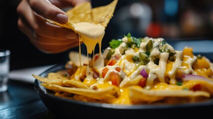 Person is eating a plate of nachos with cheese sauce