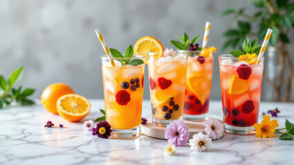 A refreshing hwachae with sliced oranges and berries on a marble surface.