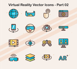 Icons representing virtual reality (VR) elements such as VR headsets  controllers  and immersive environments  perfect for tech and gaming projects.