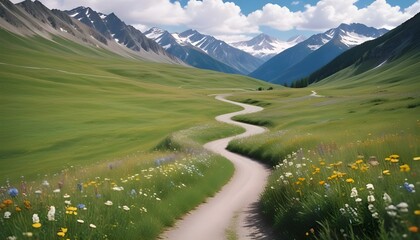 Obraz premium Un camino largo y sinuoso que atraviesa un pintoresco paisaje montañoso con picos nevados al fondo y un campo de hierba en primer plano