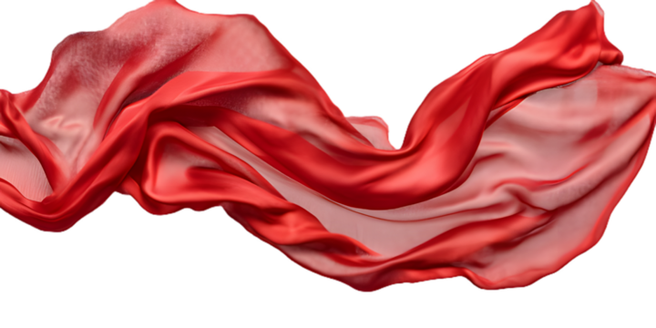 Elegant flowing red silk fabric waving gracefully in the air, capturing light and texture