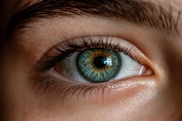 Obraz premium Close-up of a human eye with striking colors and intricate details, highlighting the beauty of natural features