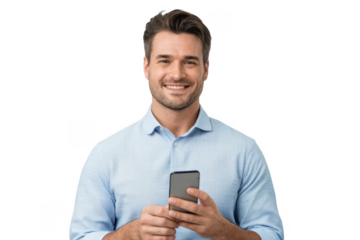 Portrait of positive businessman laughing out loud while using mobile phone
