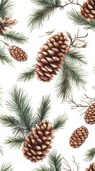 Watercolor Pine Cones and Branches Pattern