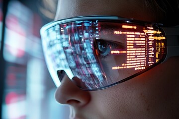Innovative technology in use, a young person wearing augmented reality glasses in a futuristic setting at night