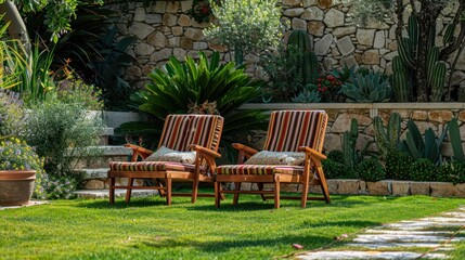 A pair of wooden lawn chairs with striped cushions in the garden