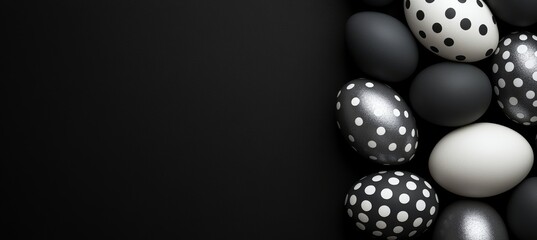 Black and Silver Easter Eggs with Polka Dot Patterns on a Black Background with Copy Space
