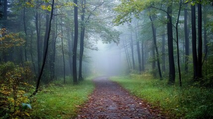 Obraz premium Misty forest path on autumn day.