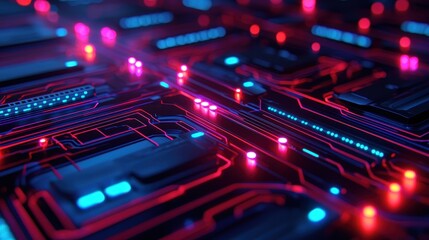 Fototapeta premium A vibrant, close-up view of a circuit board with glowing lights in blue and red, showcasing intricate electronic pathways and connections.