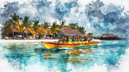 Fototapeta premium Tropical Island Boat Passengers Scenic Vacation