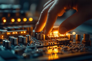 Close-up of a hand adjusting illuminated circuitry on a circuit board in a dimly lit workspace