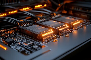 Fototapeta premium High-tech circuit board illuminated by orange lights in a dark environment showcasing advanced electronic components