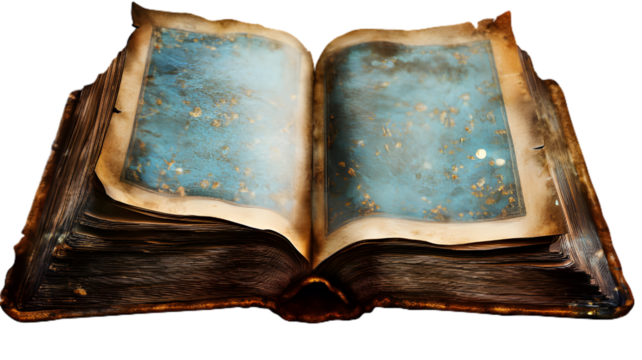 Open antique book with blue pages and worn edges, vintage literature concept