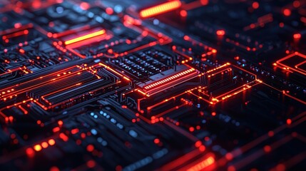 Obraz premium A close-up view of a circuit board illuminated by vibrant red lights, showcasing intricate electronic patterns and modern technology.