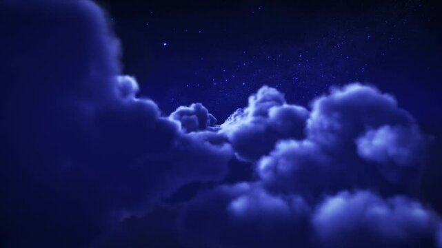 Flying through clouds at night. Crescent Moon. Loopable. Flight through fluffy clouds with bright Moon and stars.