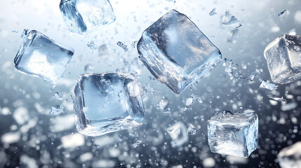 Obraz premium High-Quality Ice Cubes Falling in Water, Crystal Clear Ice Cubes with Splash Effect