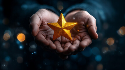 businessman holds a bright yellow star symbolizing success, achievement, and aspiration. The star reflects ambition and the pursuit of goals, representing a shining future in the business world