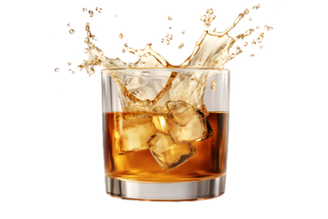 Refreshing Whiskey Splash in Glass with Ice Cubes – Perfect for Beverage and Relaxation Themes