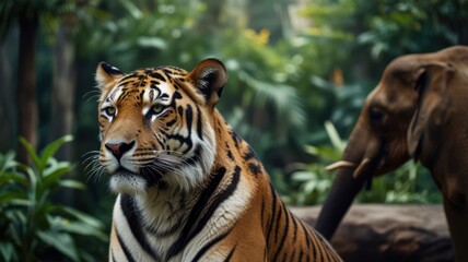 Obraz premium Close-up of a tiger in a jungle environment with an elephant in the background.