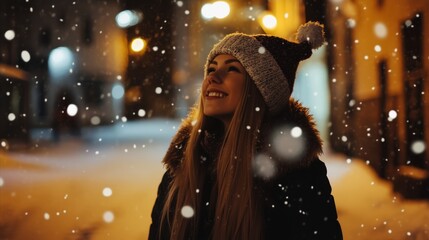 Woman wearing a hat and a scarf is standing in the snow