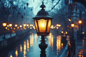 Vintage Street Lamp by Canal at Twilight – Reflective Urban Evening Scene with Warm Glow