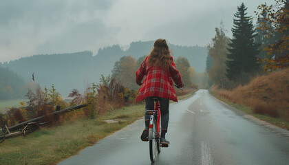 Fototapeta premium Young woman riding bicycle on road outdoors