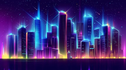 Futuristic neon city skyline shining under starry night sky