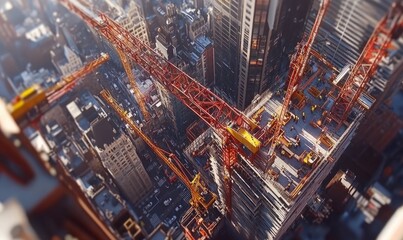 Obraz premium aerial view of a bustling construction site with cranes heavy machinery and workers building a modern skyscraper