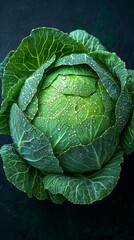 Fresh green cabbage with dew drops on dark background.