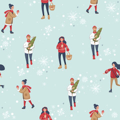 Winter flat pattern with woman and man with Christmas tree, coffee, bag and other