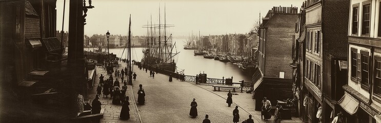 A bustling harbor filled with ships and historical architecture.
