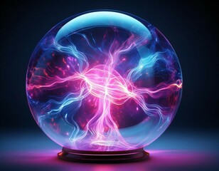 a glowing plasma ball with pink and blue electric currents swirling inside a glass sphere