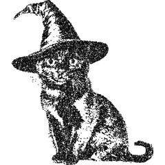 Cat in witch hat with collage element with vintage stipple photocopy effect, with retro grainy texture. Vector illustration for grunge psychedelic surreal poster or tattoo in 90s aesthetic.