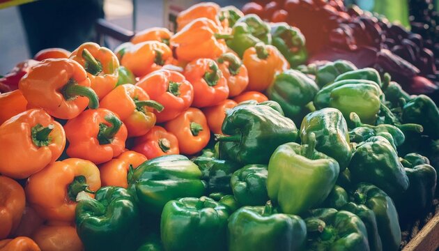 vintage style photography of vibrant green and orange bell peppers at nyc outdoor market fresh produce market scene organic vegetables colorful food urban lifestyle street photography