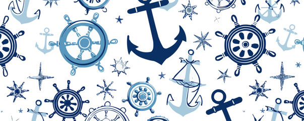 Nautical anchors and ship wheels seamless pattern background, maritime theme with blue and white colors, vector pattern.