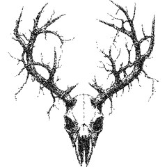 Mystical antler skull, collage element with vintage stipple photocopy effect, with retro grainy texture. Vector illustration for grunge psychedelic surreal poster or tattoo in 90s aesthetic.