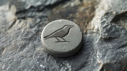 Engraved bird on dark grey stone disc.