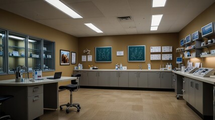 Empty veterinary clinic interior.  Well-lit, modern examination room with beige walls, gray cabinets, and a tiled floor.  Display cases of medical supplies and equipment are visible.