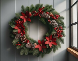 a beautifully decorated christmas wreath adorned with red berries and pinecones hanging on a modern wall near a window creating a festive ambiance