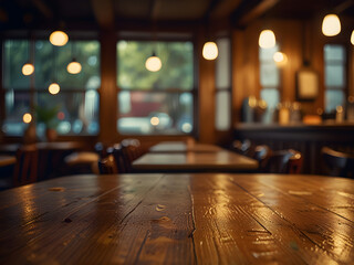 Fototapeta premium Close up of wooden table with blurred background of lamp light