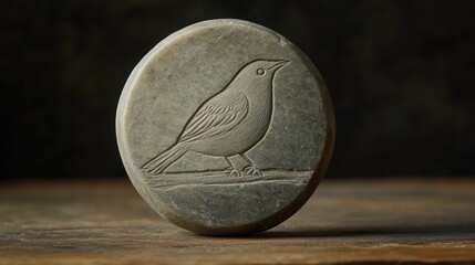 Carved stone bird on wooden surface.