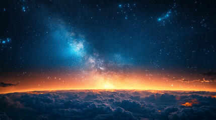 Fototapeta premium mesmerizing image of Earth bathed in blue light, with a shining horizon and stars along the side, symbolizing vastness, hope, and the infinite potential of the universe