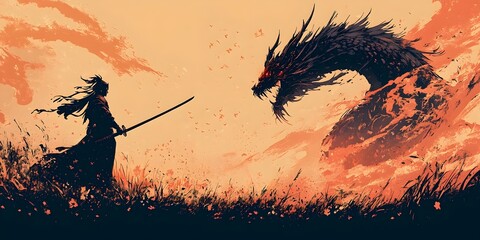 Japanese samurai standing in a field with his samurai sword and a dragon in the background