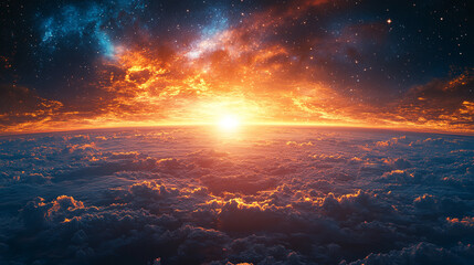 Fototapeta premium mesmerizing image of Earth bathed in blue light, with a shining horizon and stars along the side, symbolizing vastness, hope, and the infinite potential of the universe