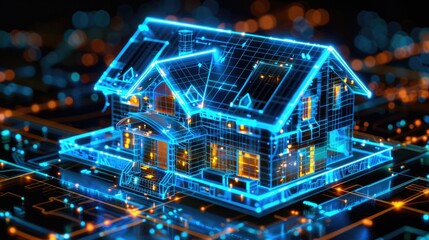 Obraz premium Futuristic smart home digital blueprint model.