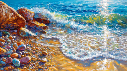 Vivid coastal waves crashing on colorful pebble beach