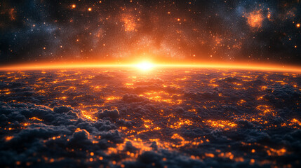 Fototapeta premium mesmerizing image of Earth bathed in blue light, with a shining horizon and stars along the side, symbolizing vastness, hope, and the infinite potential of the universe