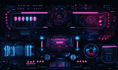 black background with neon lights, geometric patterns, and futuristic elements modern tech style