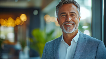 Mature caucasian male smiling in business attire, indoors, bokeh background