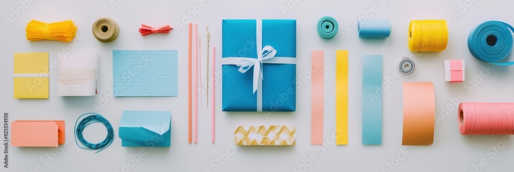 Poster Vibrant arrangement of wrapping paper, ribbons, and cards on a flat surface with ample space for personalized messages or designs. Generative AI
